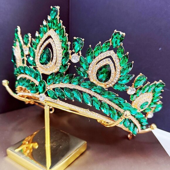 Quinceanera Crown, Green Rhinestone Crown, Large Size Crown, Gold Crystal Crown main image 7